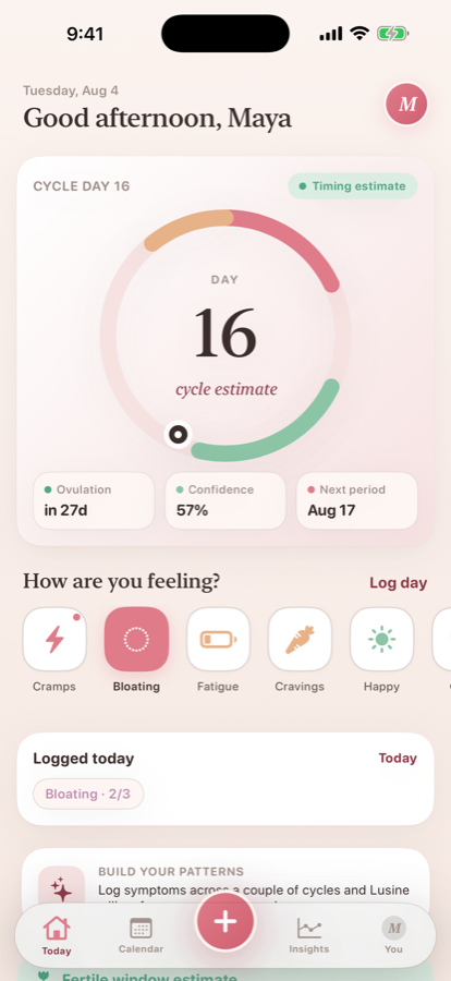 The Today screen, showing the cycle dial and quick symptom logging